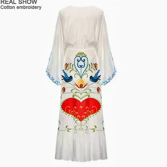 Boho Chic Floral & Bird Embroidered Flowy Maxi Dress V Neck wedding maternity - Picture 4 of 8